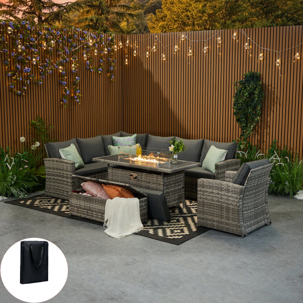 Rosen 9 Seater Rattan Corner Sofa Set With Aluminium Fire-pit Dining Table and Storage Box