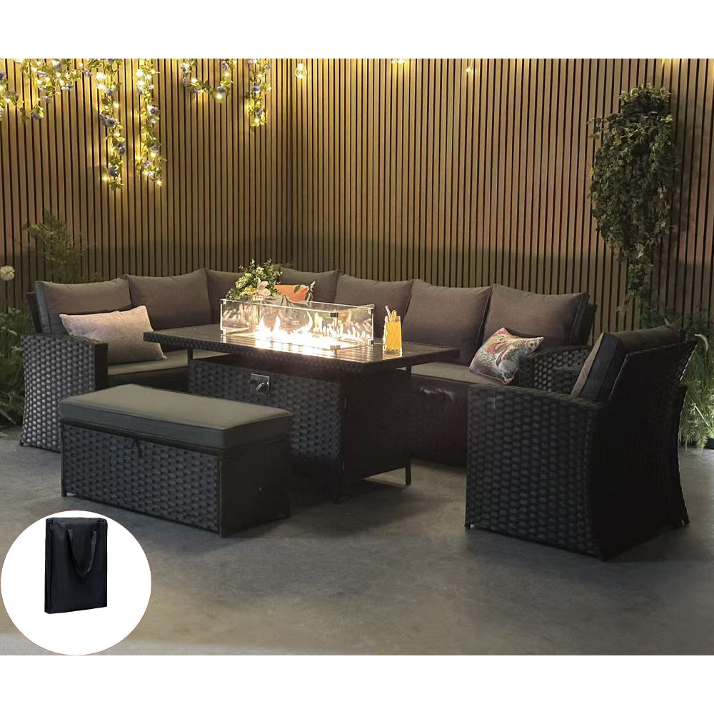 Rosen 9 Seater Rattan Corner Sofa Set With Fire-pit Dining Table And Armchair And Storage Box