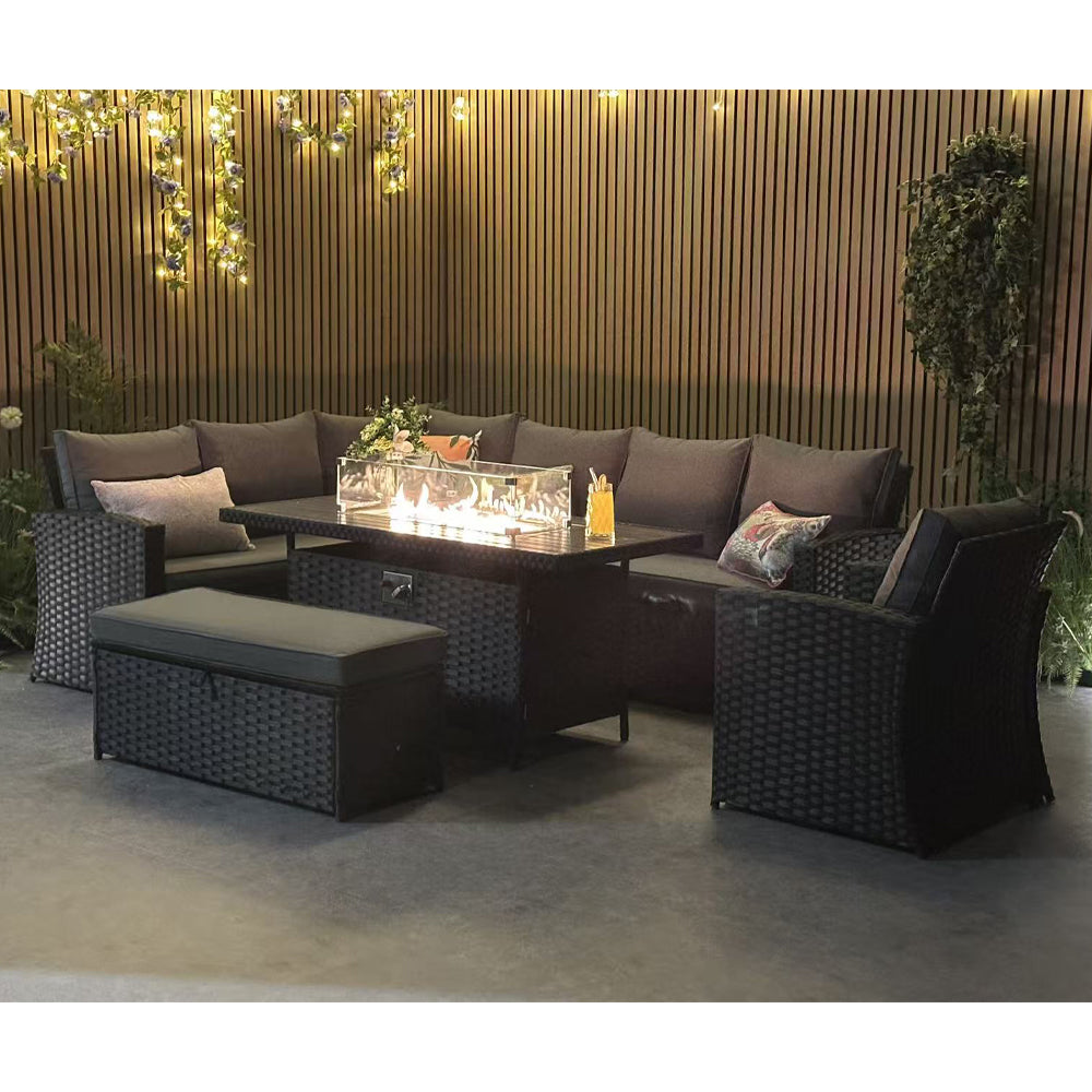 Rosen 9 Seater Rattan Corner Sofa Set With Fire-pit Dining Table And Armchair And Storage Box