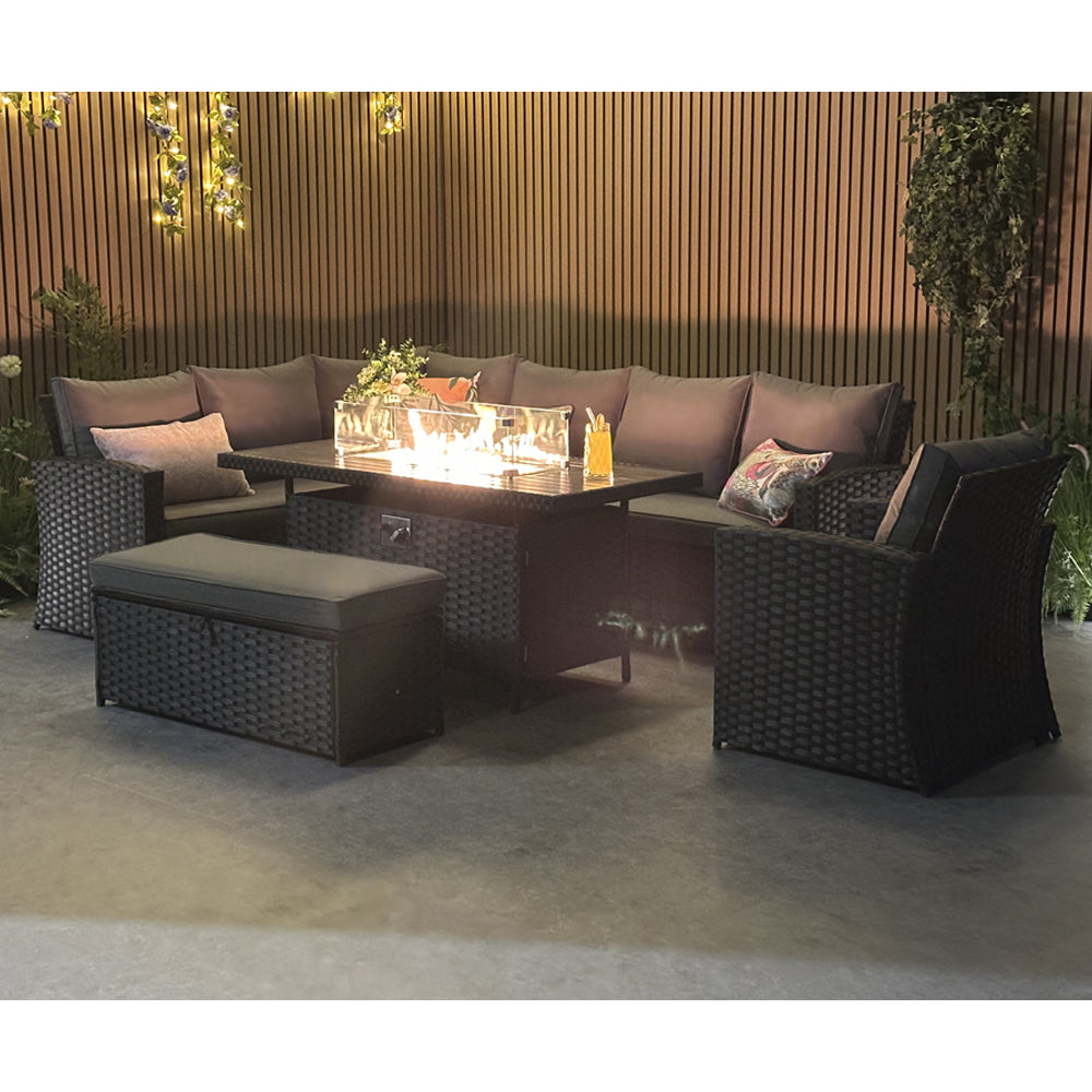 Rosen 9 Seater Rattan Corner Sofa Set With Fire-pit Dining Table And Armchair And Storage Box