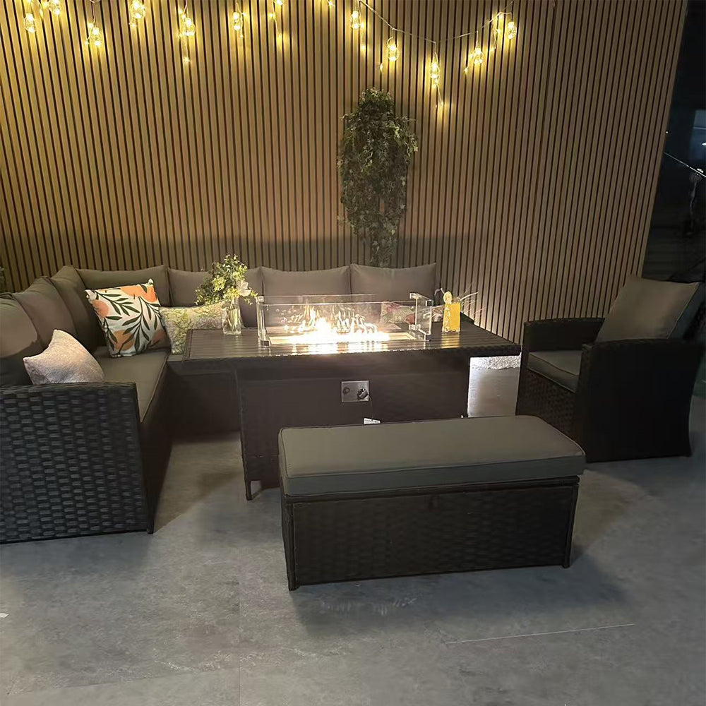 Rosen 9 Seater Rattan Corner Sofa Set With Fire-pit Dining Table And Armchair And Storage Box