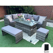 Rosen Rattan Garden Furniture 9 Seater Corner Sofa Rising Table Set With Bench And Stool