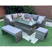 Rosen Rattan Garden Furniture 9 Seater Corner Sofa Rising Table Set With Bench And Stool