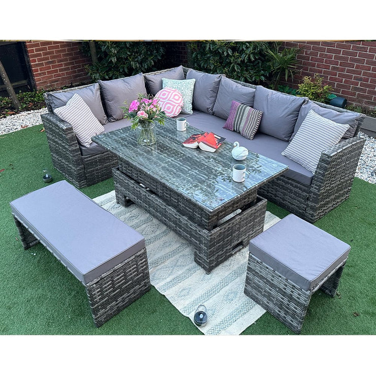 Rosen Rattan Garden Furniture 9 Seater Corner Sofa Rising Table Set With Bench And Stool