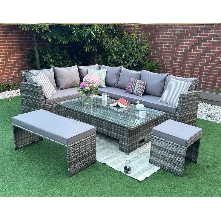 Rosen Rattan Garden Furniture 9 Seater Corner Sofa Rising Table Set With Bench And Stool