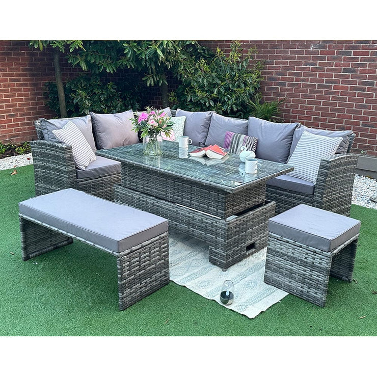 Rosen Rattan Garden Furniture 9 Seater Corner Sofa Rising Table Set With Bench And Stool