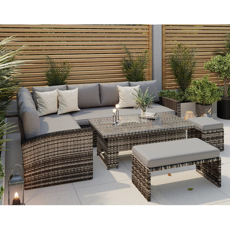 Rosen Rattan Garden Furniture 9 Seater Corner Sofa Rising Table Set With Bench And Stool