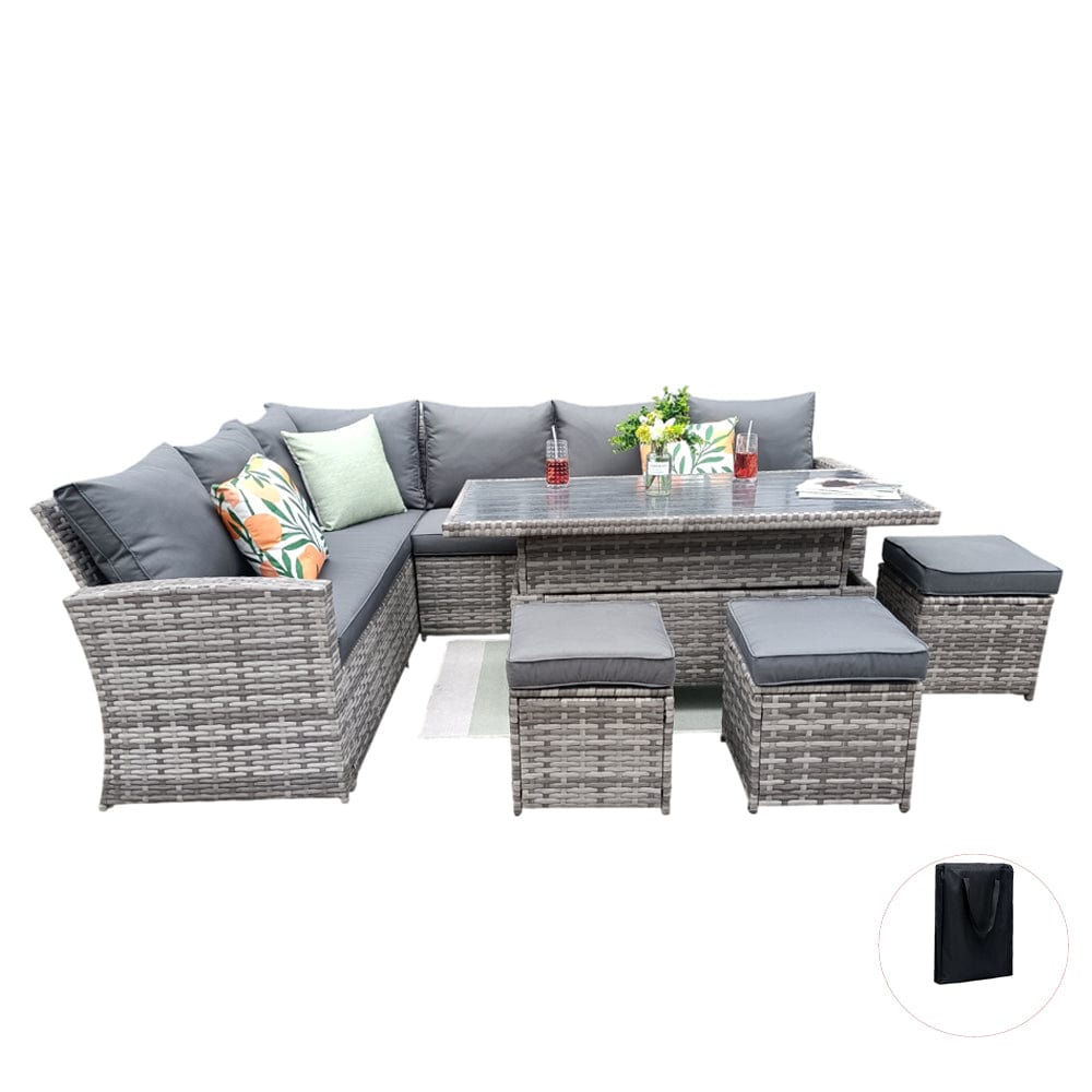 Rosen 9 Seater Rattan Garden Dining Set With Lift-Up Table And 3 Stools