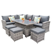 Rosen 9 Seater Rattan Garden Dining Set With Lift-Up Table And 3 Stools
