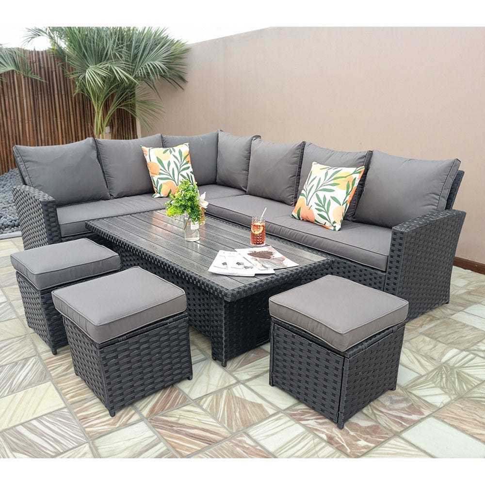 Rosen 9 Seater Rattan Garden Dining Set With Lift-Up Table And 3 Stools