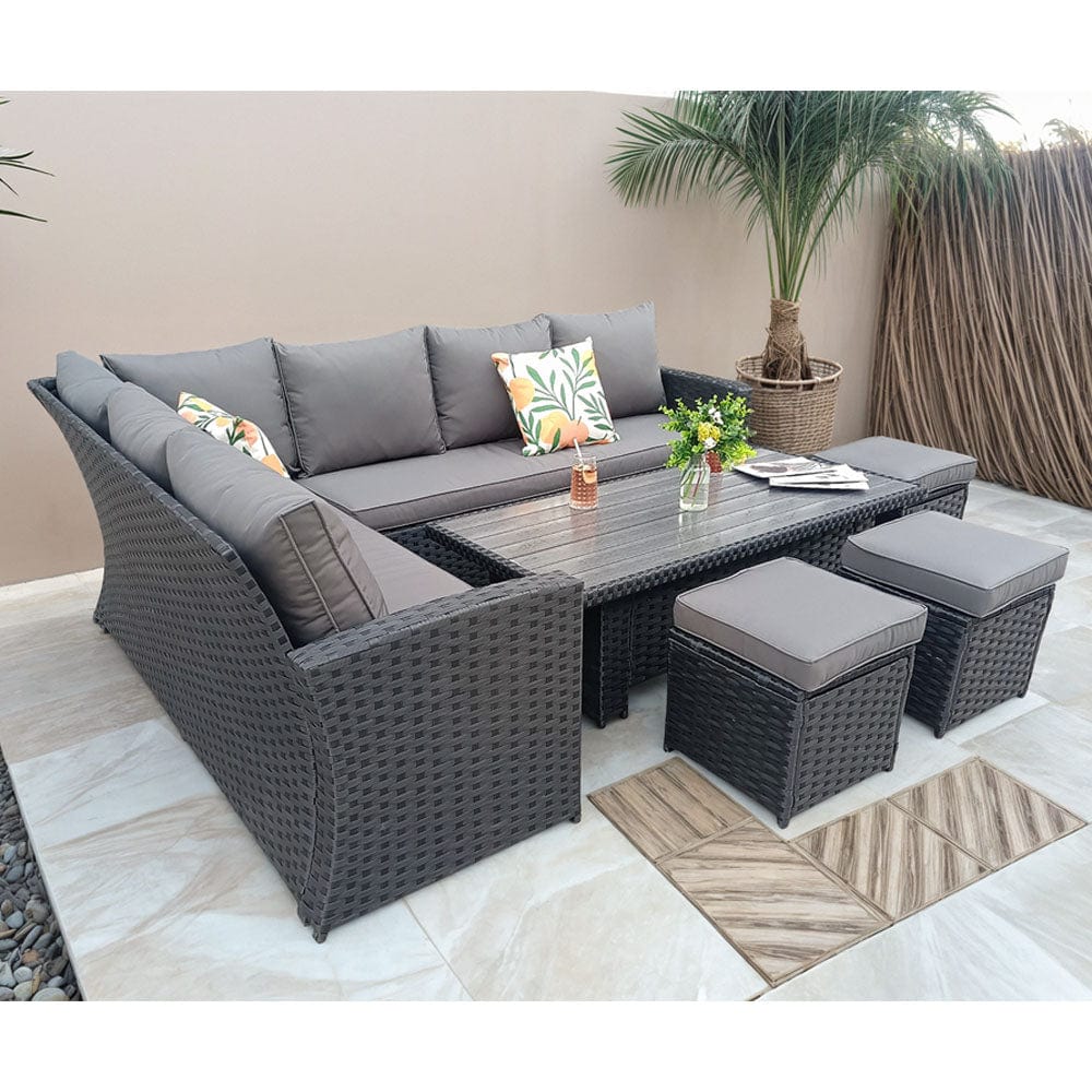 Rosen 9 Seater Rattan Garden Dining Set With Lift-Up Table And 3 Stools