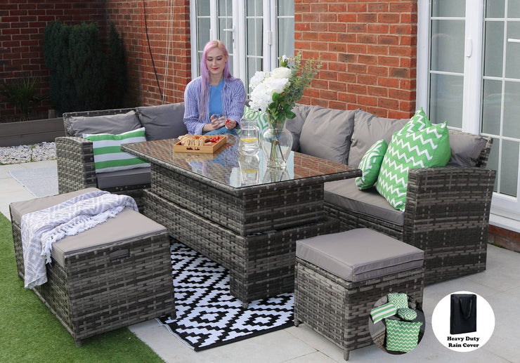 Rosen Rattan Garden Furniture 9 Seater Corner Sofa Rising Table & Storage Bench Sets in Grey