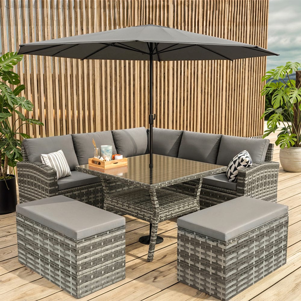 Rosen 9 Seater Rattan Garden Furniture Cube Dining Set With Parasol In