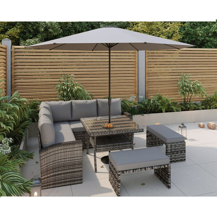 Rosen 9 Seater Rattan Garden Furniture Cube Dining Set With Parasol In Grey