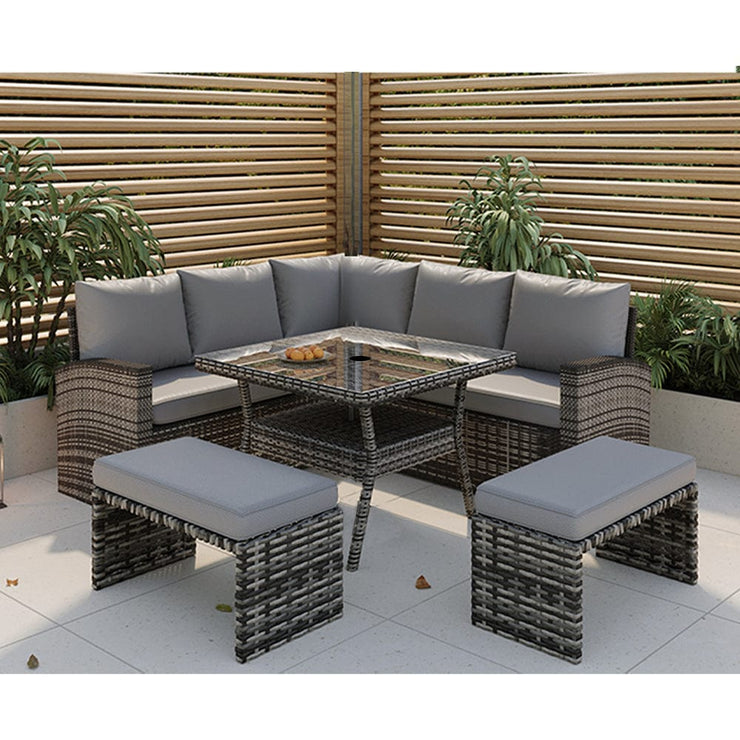 Rosen 9 Seater Rattan Garden Furniture Cube Dining Set With Parasol In Grey
