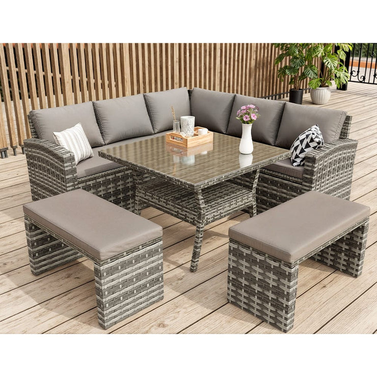 Rosen 9 Seater Rattan Garden Furniture Cube Dining Set With Parasol In Grey