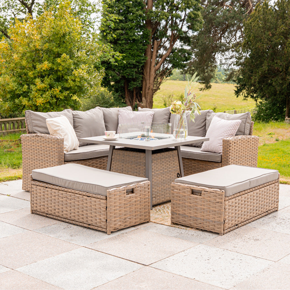 Rosen 9‑Seater Natural Rattan Corner Sofa Fire Pit Dining Set with Storage Benches & Rain Cover