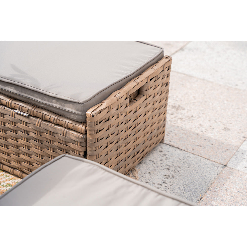Rosen 9‑Seater Natural Rattan Corner Sofa Fire Pit Dining Set with Storage Benches & Rain Cover