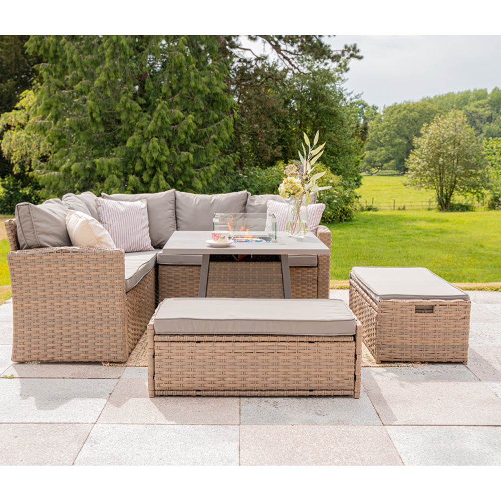 Rosen 9‑Seater Natural Rattan Corner Sofa Fire Pit Dining Set with Storage Benches & Rain Cover