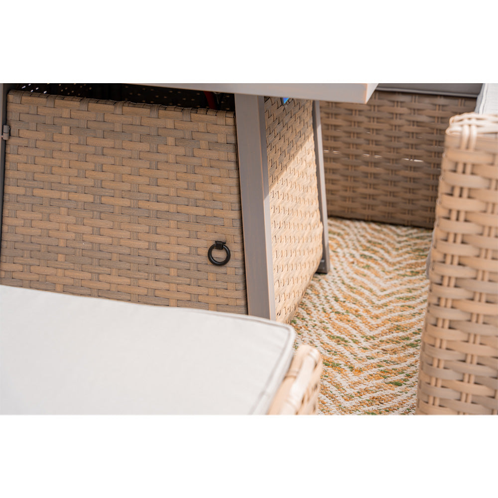 Rosen 9‑Seater Natural Rattan Corner Sofa Fire Pit Dining Set with Storage Benches & Rain Cover