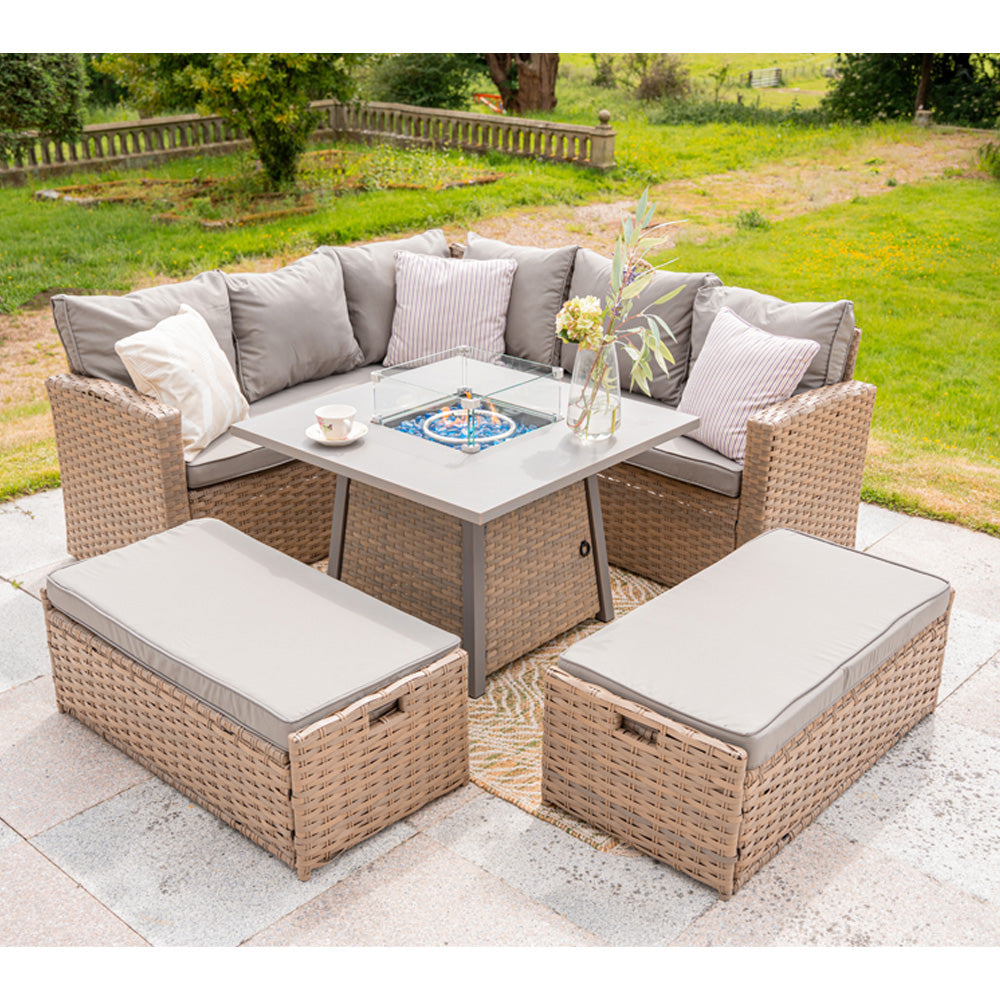 Rosen 9‑Seater Natural Rattan Corner Sofa Fire Pit Dining Set with Storage Benches & Rain Cover