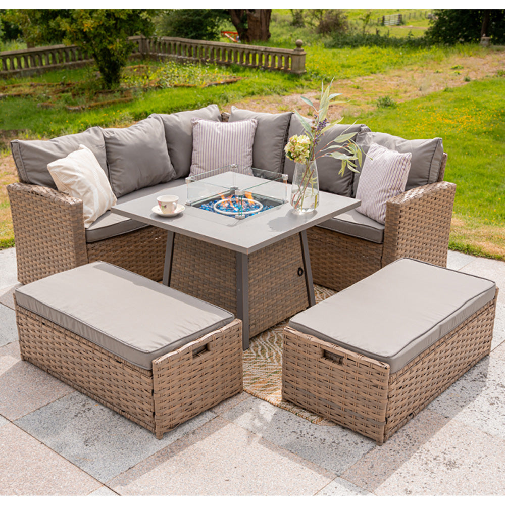 Rosen 9‑Seater Natural Rattan Corner Sofa Fire Pit Dining Set with Storage Benches & Rain Cover