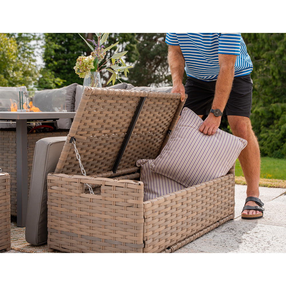 Rosen 9‑Seater Natural Rattan Corner Sofa Fire Pit Dining Set with Storage Benches & Rain Cover