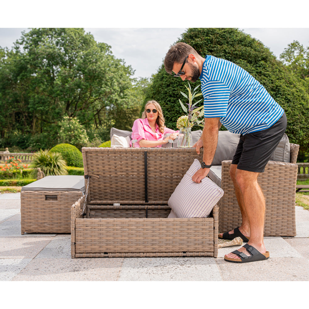 Rosen 9‑Seater Natural Rattan Corner Sofa Fire Pit Dining Set with Storage Benches & Rain Cover