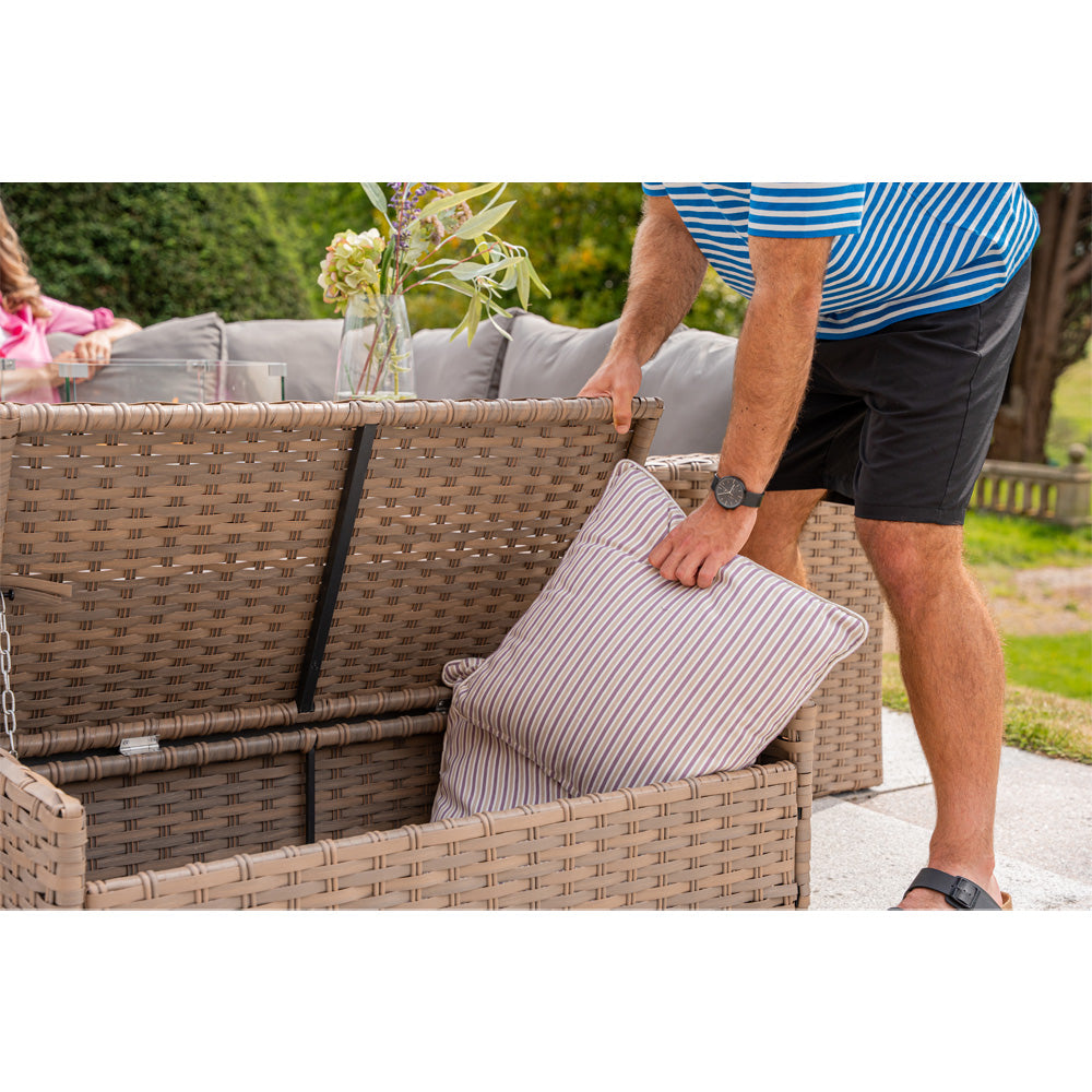 Rosen 9‑Seater Natural Rattan Corner Sofa Fire Pit Dining Set with Storage Benches & Rain Cover