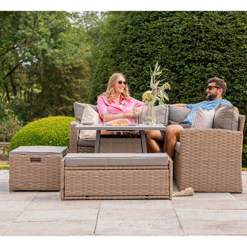 Rosen 9‑Seater Natural Rattan Corner Sofa Fire Pit Dining Set with Storage Benches & Rain Cover