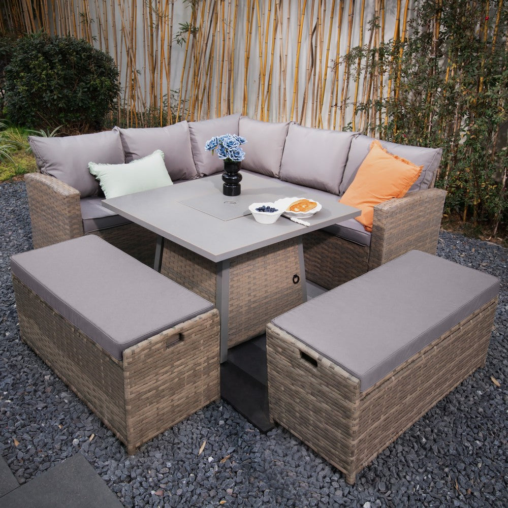 Rosen 9‑Seater Natural Rattan Corner Sofa Fire Pit Dining Set with Storage Benches & Rain Cover