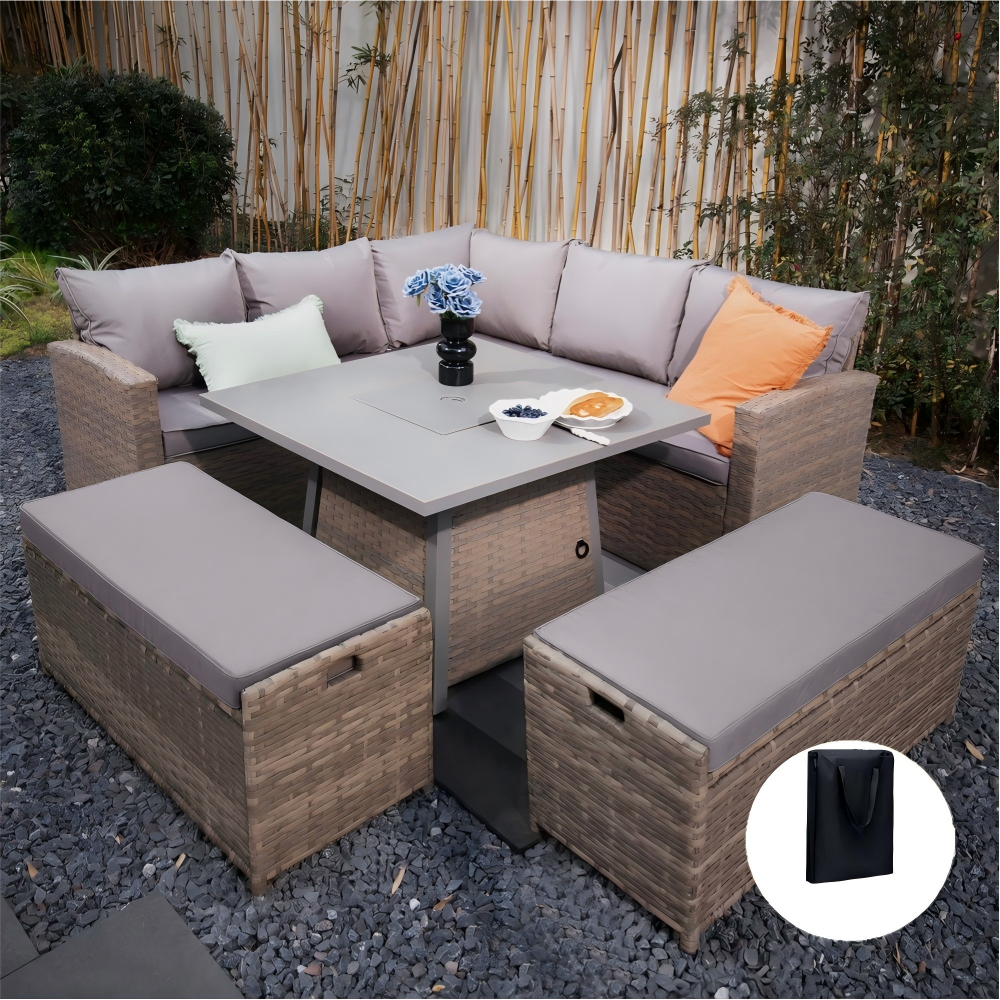 Rosen 9‑Seater Natural Rattan Corner Sofa Fire Pit Dining Set with Storage Benches & Rain Cover