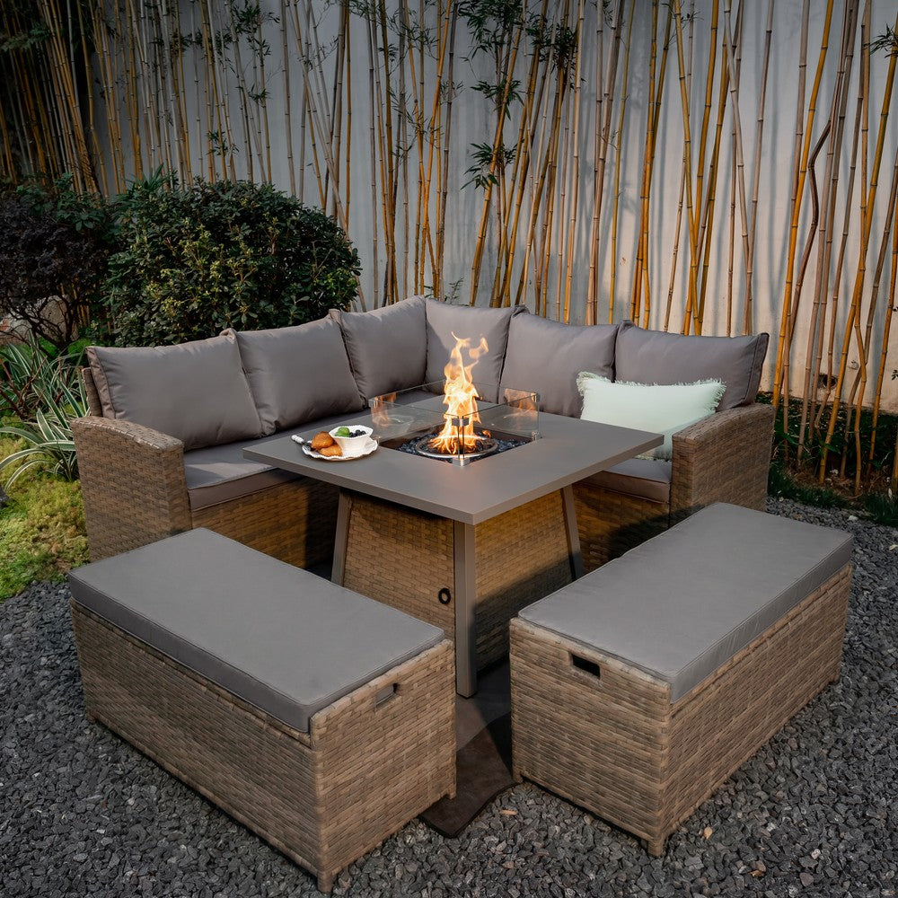 Rosen 9‑Seater Natural Rattan Corner Sofa Fire Pit Dining Set with Storage Benches & Rain Cover