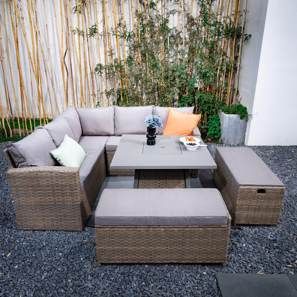 Rosen 9‑Seater Natural Rattan Corner Sofa Fire Pit Dining Set with Storage Benches & Rain Cover