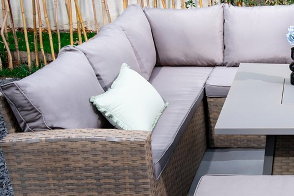 Rosen 9‑Seater Natural Rattan Corner Sofa Fire Pit Dining Set with Storage Benches & Rain Cover