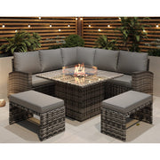 Rosen 9 Seater Fire Pit Rattan Garden Furniture Corner Sofa Cube Set With 2 Benches In Grey