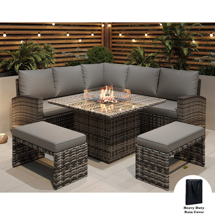 Rosen 9 Seater Fire Pit Rattan Garden Furniture Corner Sofa Cube Set With 2 Benches In Grey