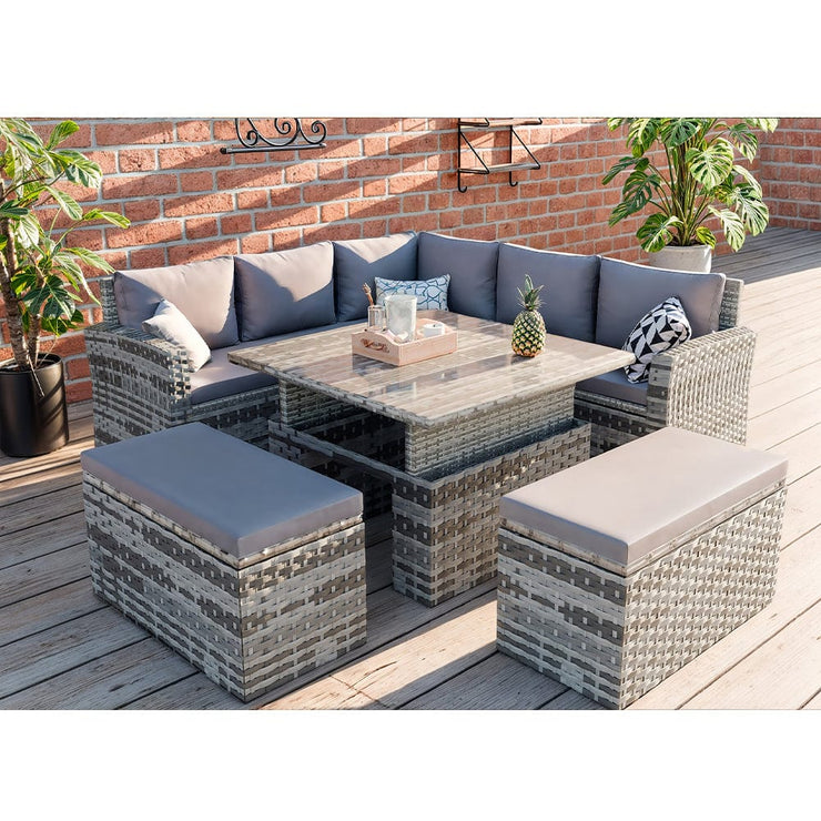 Rosen Rattan Garden Furniture 9 Seater Corner Sofa Rising Table Set With 2 Benches In Grey