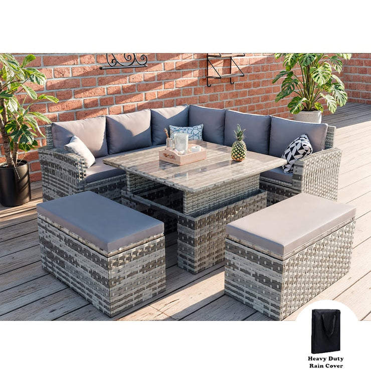 Rosen 9 Seater Rattan Dining Corner Sofa Set with Rising Table In Grey with rain cover option