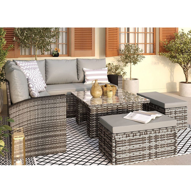 Rosen 9 Seater Rattan Dining Corner Sofa Set with Rising Table In Grey with rain cover option