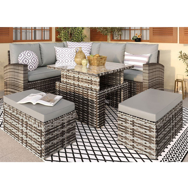 Rosen 9 Seater Rattan Dining Corner Sofa Set with Rising Table In Grey with rain cover option