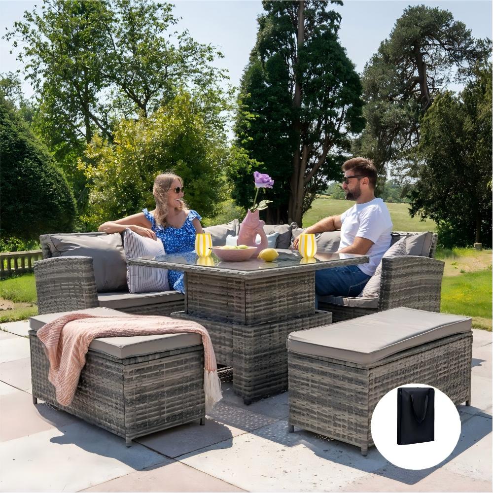 Rosen Rattan Garden Furniture 9 Seater Corner Sofa Rising Table Set With 2 Benches In Grey