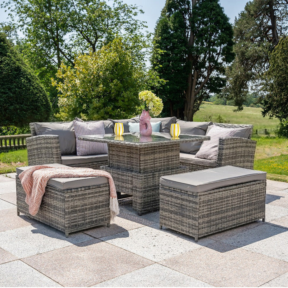 Rosen Rattan Garden Furniture 9 Seater Corner Sofa Rising Table Set With 2 Benches In Grey