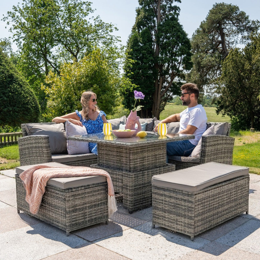 Rosen Rattan Garden Furniture 9 Seater Corner Sofa Rising Table Set With 2 Benches In Grey