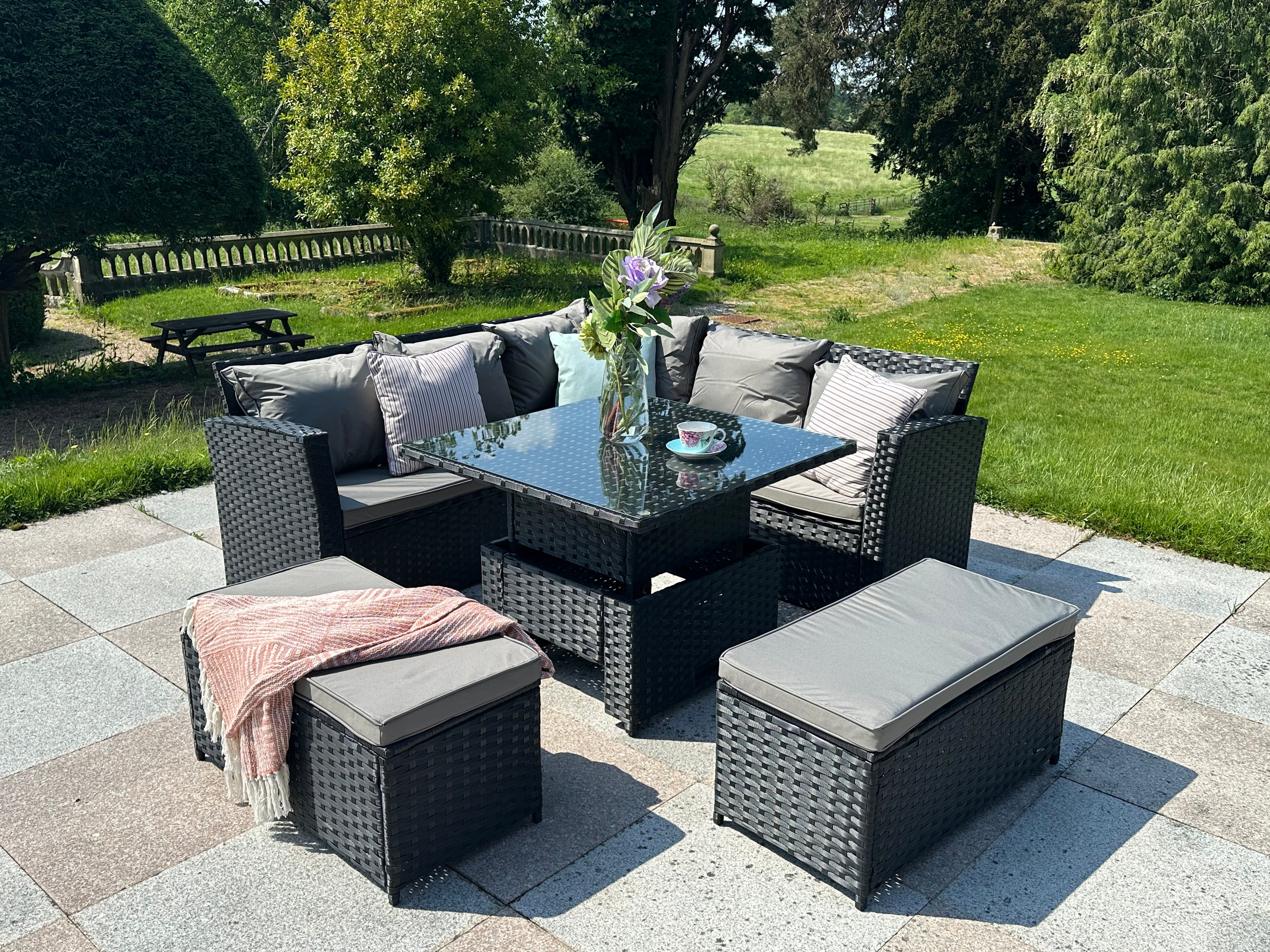 Rosen Rattan Garden Furniture 9 Seater Corner Sofa Rising Table Set With 2 Benches In Grey