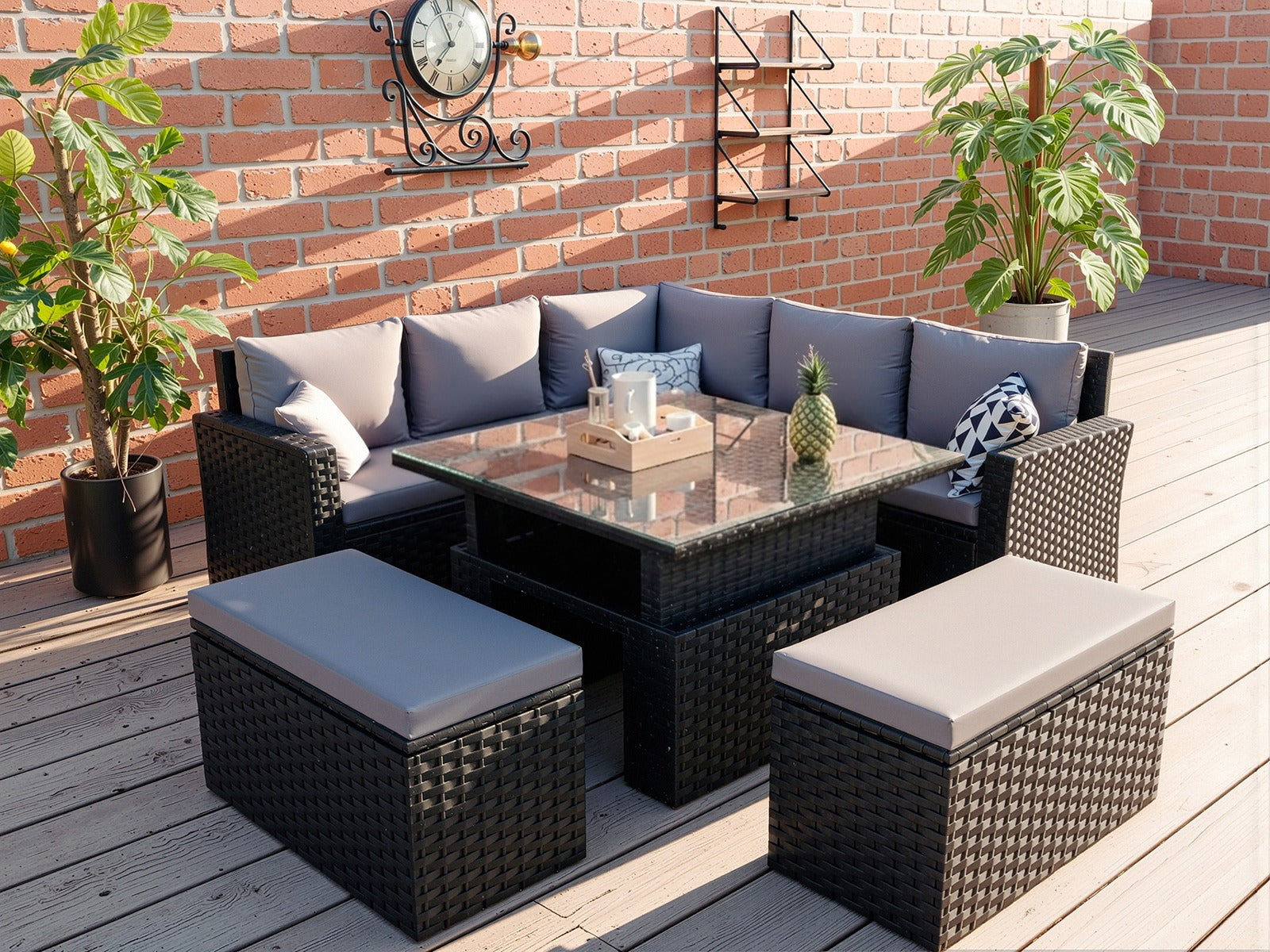 Rosen Rattan Garden Furniture 9 Seater Corner Sofa Rising Table Set With 2 Benches In Grey