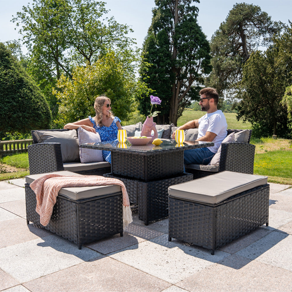 Rosen 9 Seater Rattan Dining Corner Sofa Set with Rising Table In Black with rain cover option