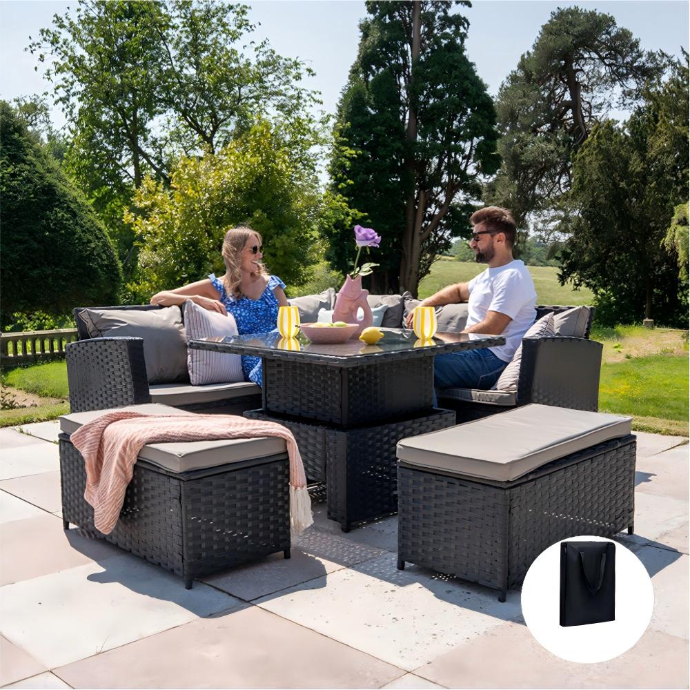 Rosen Rattan Garden Furniture 9 Seater Corner Sofa Rising Table Set With 2 Benches In Grey
