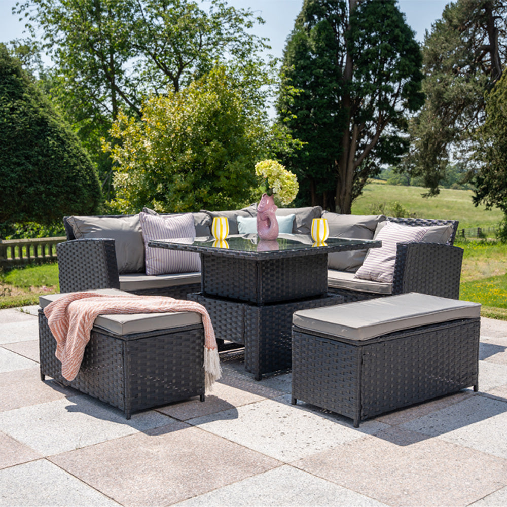 Rosen Rattan Garden Furniture 9 Seater Corner Sofa Rising Table Set With 2 Benches In Grey
