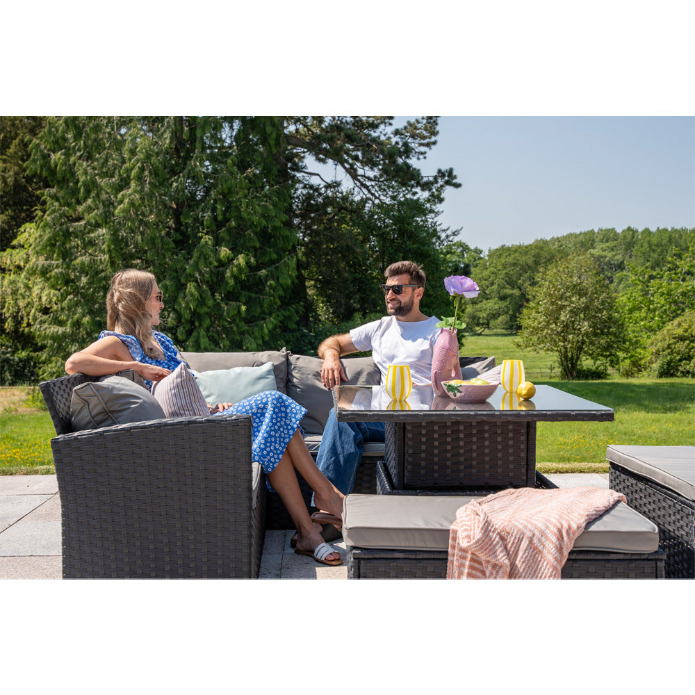 Rosen Rattan Garden Furniture 9 Seater Corner Sofa Rising Table Set With 2 Benches In Grey
